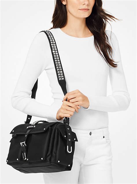 michael kors olivia large studden messenger|Michael Kors Olivia Large Studded Satin Messenger Bag Neon .